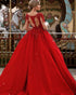 Modest Red Lace Quinceanera Dresses with Full Sleeve Beaded Lace Puffy Tulle Ruffles Ball Gowns Sweet 16 Dress 2018
